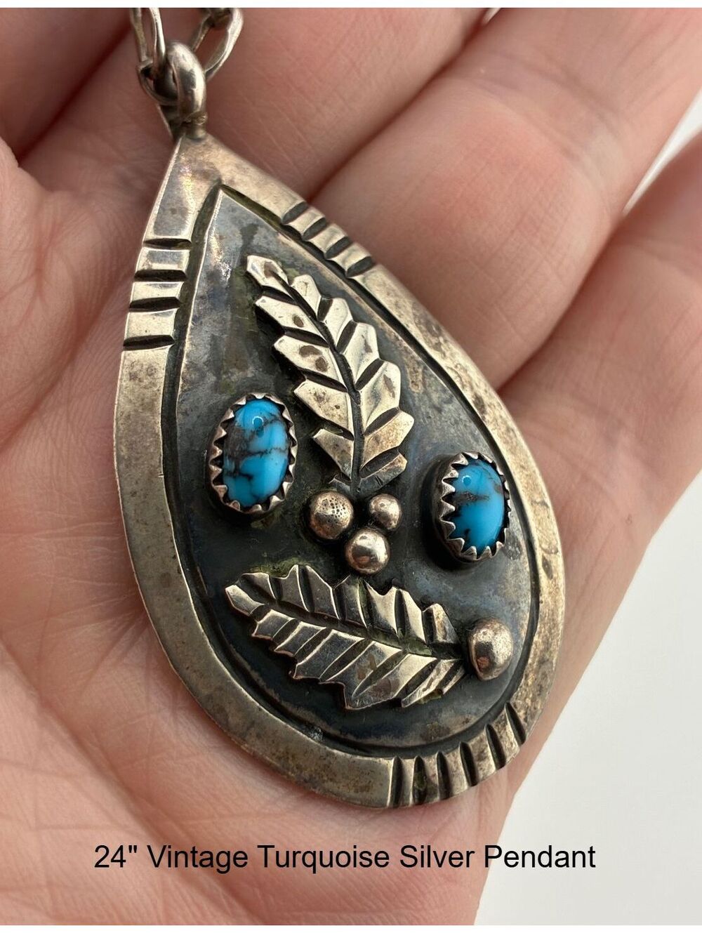 Vintage Turquoise and Sterling Silver Leaf Pendant Necklace 24" Southwest style